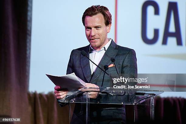 Ewan McGregor speaks on stage at the 8th Annual GO Campaign Gala at Montage Beverly Hills on November 12, 2015 in Beverly Hills, California.