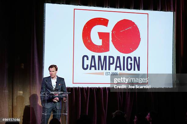 Ewan McGregor speaks on stage at the 8th Annual GO Campaign Gala at Montage Beverly Hills on November 12, 2015 in Beverly Hills, California.