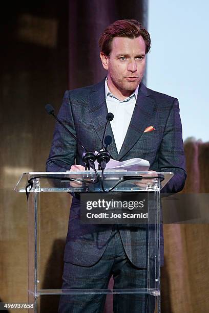 Ewan McGregor speaks on stage at the 8th Annual GO Campaign Gala at Montage Beverly Hills on November 12, 2015 in Beverly Hills, California.