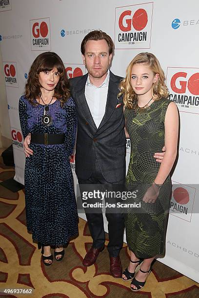 Eve Mavrakis, Ewan McGregor and Clara McGregor arrive at the 8th Annual GO Campaign Gala at Montage Beverly Hills on November 12, 2015 in Beverly...
