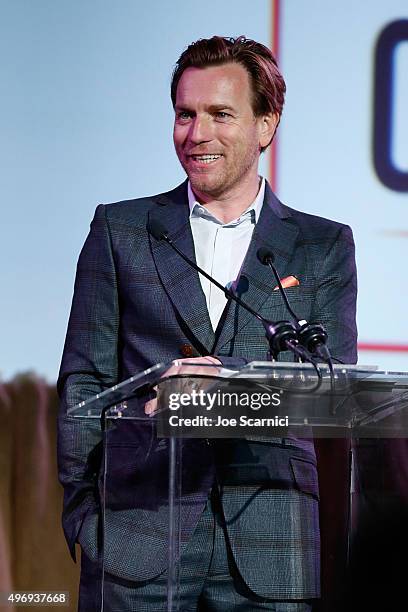 Ewan McGregor speaks on stage at the 8th Annual GO Campaign Gala at Montage Beverly Hills on November 12, 2015 in Beverly Hills, California.