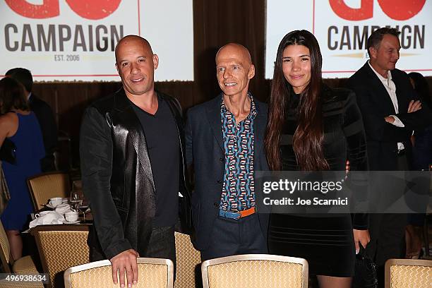 Actor Vin Diesel, Founder and CEO of GO Campaign Scott Fifer and model Paloma Jimenez attend the 8th Annual GO Campaign Gala at Montage Beverly Hills...