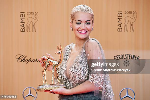 Rita Ora poses at the Bambi Awards 2015 winners board at Stage Theater on November 12, 2015 in Berlin, Germany.