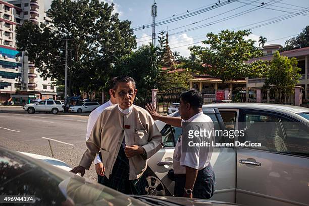 Tin Oo, chairman of the National League for Democracy, walks into the party headquarters on November 13, 2015 in Yangon, Myanmar. Aung San Suu Kyi's...