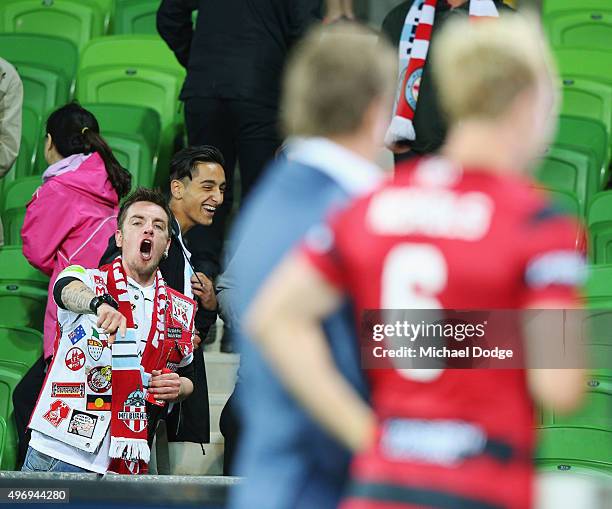 Mitch Nichols of the Wanderers cops abuse from City fans in his post match television interview during the round six A-League match between Melbourne...