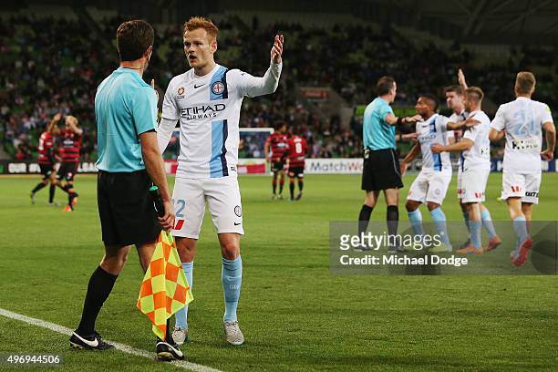 Jack Clisby of the City calls for offside after Frederico Piovaccari of the Wanderers kicked a goal during the round six A-League match between...