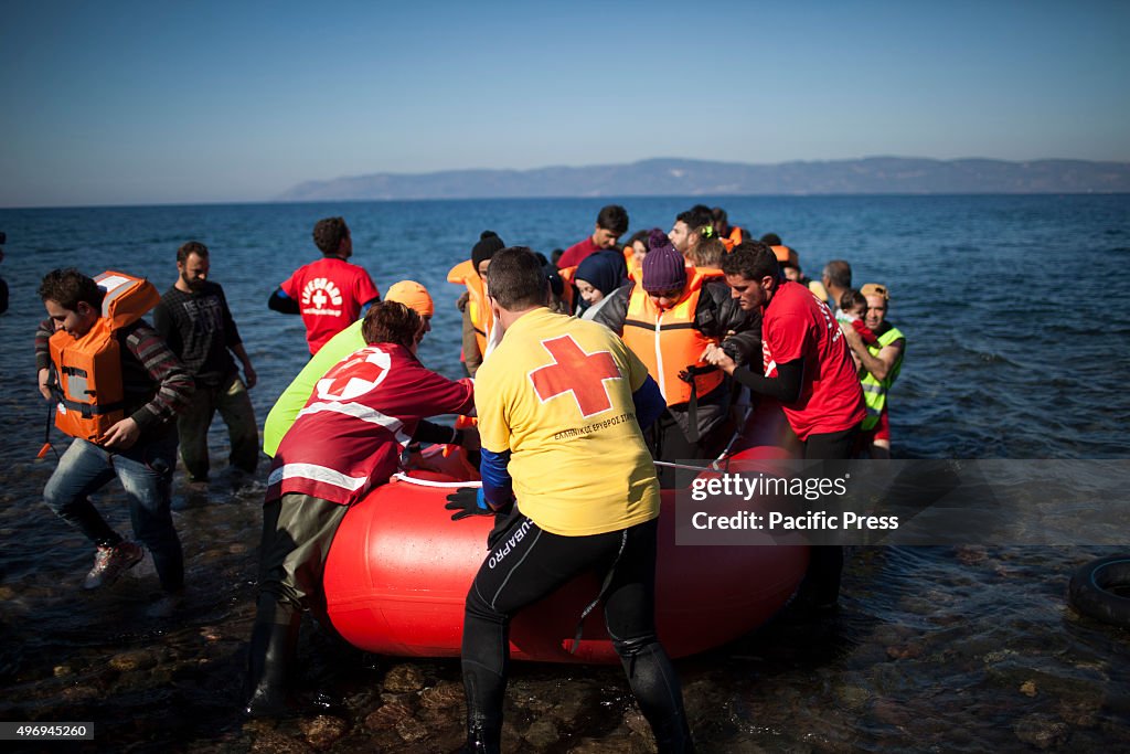 Refugees faces as they reached the shores of the Greek...