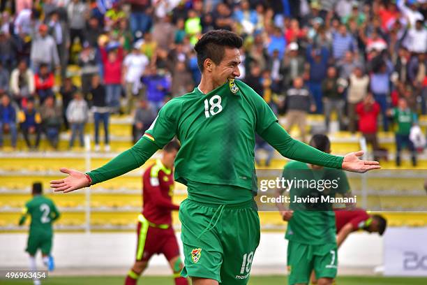 Rodrigo Ramallo of Bolivia celebrates after scoring the third goal of his team during a match between Bolivia and Venezuela as part of FIFA 2018...