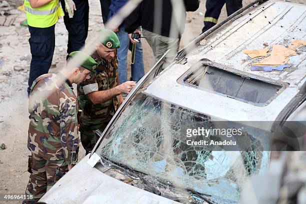 Lebanese soldiers inspect an area where two explosions took place at Dahieh, know as Hezbollah stronghold, South Beirut, Lebanon on November 13,...