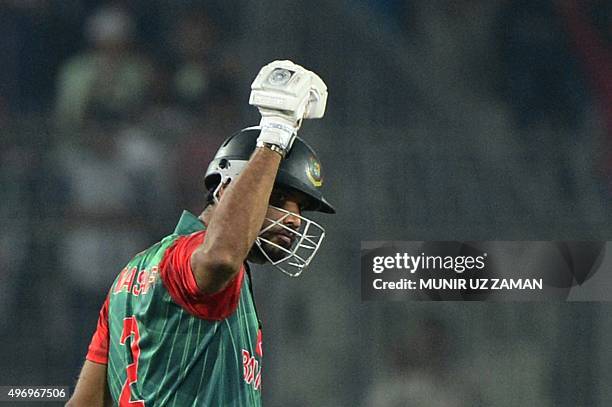 Bangladesh cricket captain Mashrafe Bin Mortaza reacts after winning the first T20 cricket match between Bangladesh and Zimbabwe at the Sher-e Bangla...