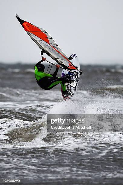 Wind surfer Douglas Paton battles with the weather at Barassie beach on November 13, 2015 in Troon, Scotland. Storm Abigail has closed schools on the...