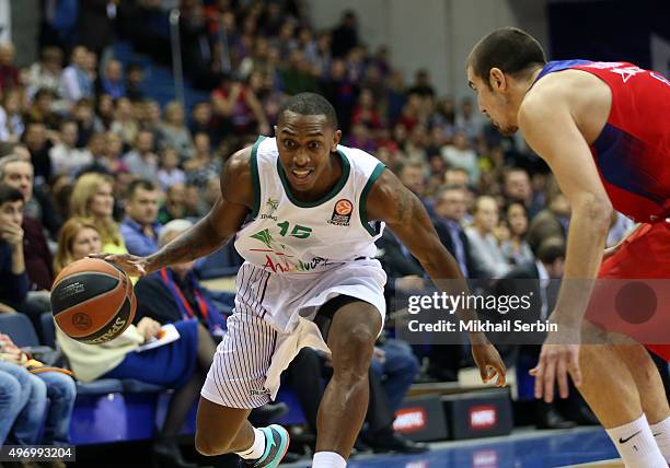 Jamar Smith, #15 of Unicaja Malaga competes with during the Turkish Airlines Euroleague Regular Season date 5 game between CSKA Moscow v Unicaja...