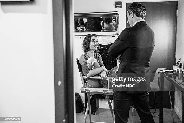 Episode 287 -- Pictured: Actress Cristin Milioti talks with host Seth Meyers backstage on November 11, 2015 --
