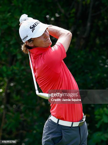 Will Wilcox of the United States hits his first shot on the 17th hole during the second round of the OHL Classic at the Mayakoba El Camaleon Golf...