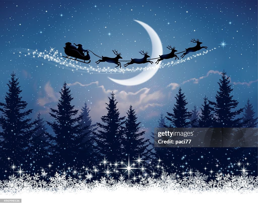 Santa Claus and his sleigh on Christmas night