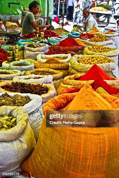 Various spices in a small town spice market of India.