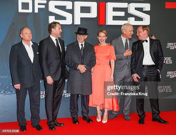 Burghart Klaussner, Sebastian Koch, Tom Hanks, Steven Spielberg, Amy Ryan and Mikhaul Gorevoy attend the 'Bridge of Spies - Der Unterhaendler' World...