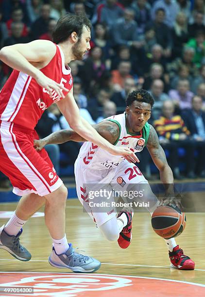 Miro Bilan, #15 of Cedevita Zagreb competes with Darius Adams, #20 of Laboral Kutxa Vitoria Gasteiz during the Turkish Airlines Euroleague Regular...