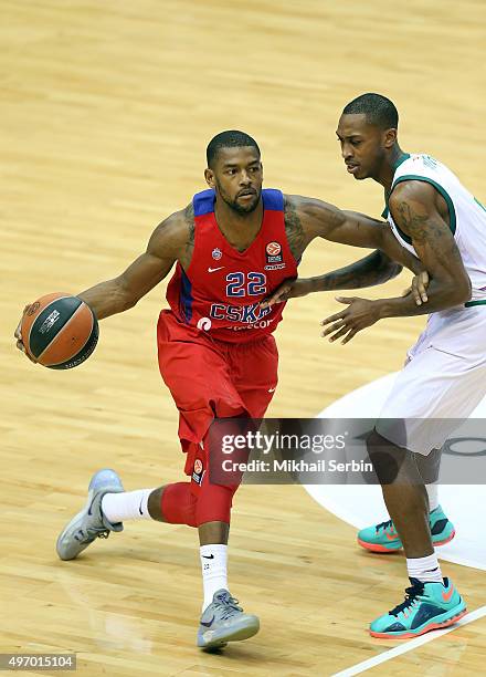 Cory Higgins, #22 of CSKA Moscow competes with Jamar Smith, #15 of Unicaja Malaga during the Turkish Airlines Euroleague Regular Season date 5 game...