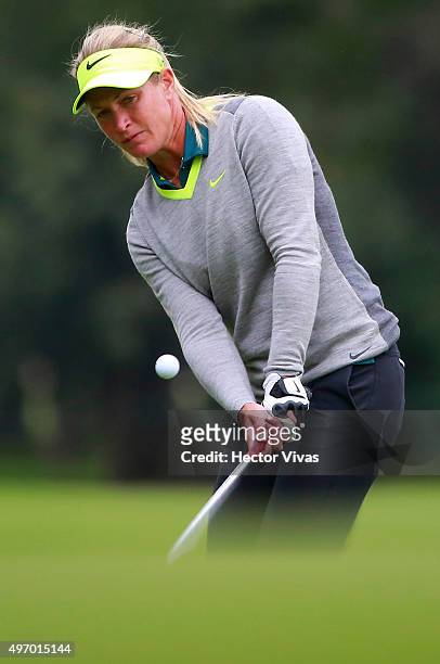 Suzann Pettersen of Norway takes a shot during the second round of Lorena Ochoa Invitational 2015 at the Club de Golf Mexico on November 13, 2015 in...
