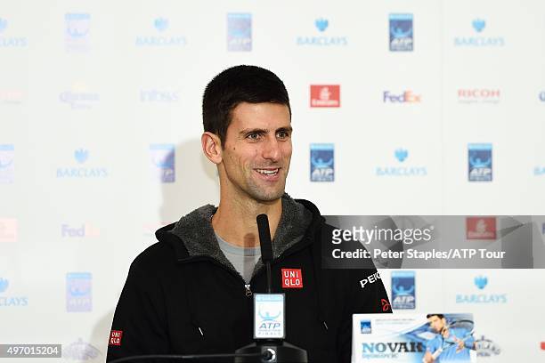 Novak Djokovic of Serbia at the press preview interviews for the Barclays ATP World Tour Finals at O2 Arena on November 13, 2015 in London, England. .