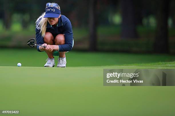 Pernilla Lindberg of Sweden gestures during the second round of Lorena Ochoa Invitational 2015 at the Club de Golf Mexico on November 13, 2015 in...