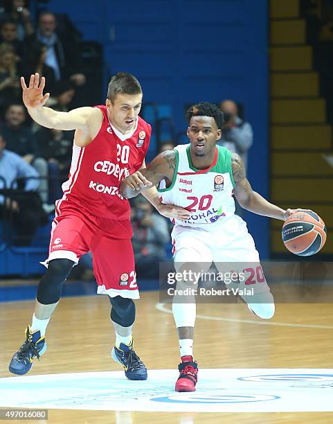 Nemanja Gordic, 20 of Cedevita Zagreb competes with Darius Adams, #20 of Laboral Kutxa Vitoria Gasteiz during the Turkish Airlines Euroleague Regular...