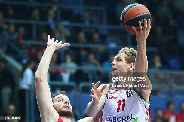 Miro Bilan, #15 of Cedevita Zagreb competes with Jaka Blazic, #11 of Laboral Kutxa Vitoria Gasteiz during the Turkish Airlines Euroleague Regular...