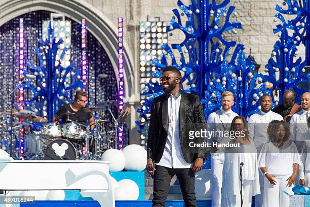 In this handout provided by Disney Parks, Jason Derulo performs during the taping of the 'Disney Parks Unforgettable Christmas Celebration' TV...