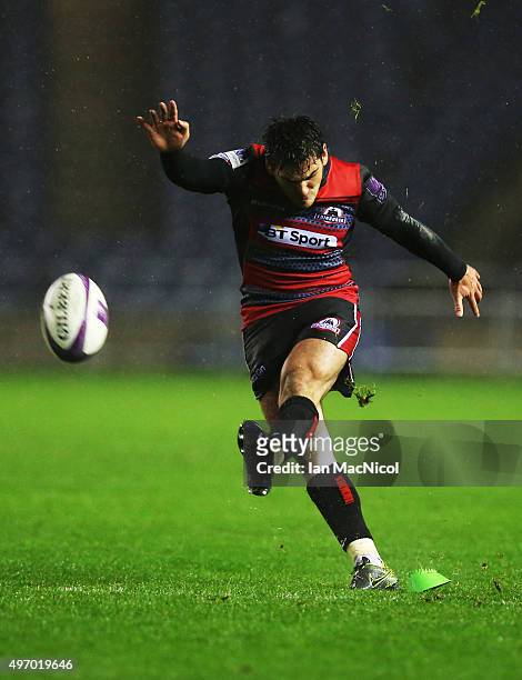 Sam Hidalgo-Clyne of Edinburgh Rugby kicks a penalty during the European Rugby Challenge Cup match between Edinburgh Rugby and Grenoble at...