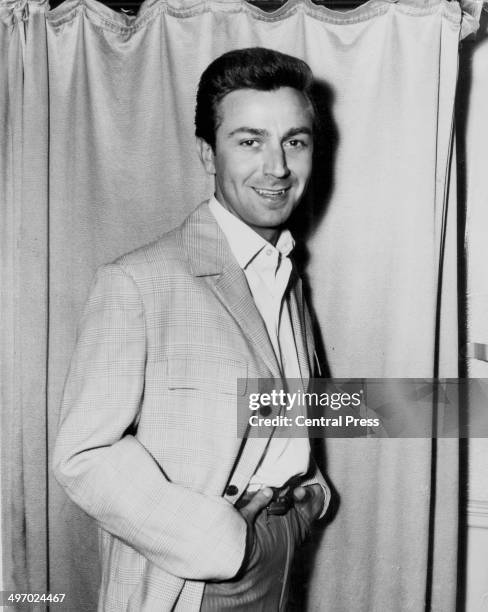 Singer and entertainer Des O'Connor arriving at the London Palladium for 'Sunday Night at the London Palladium', June 3rd 1960.
