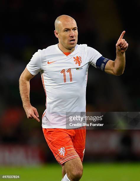 Netherlands scorer Arjen Robben celebrates the second Dutch goal during the friendly International match between Wales and Netherlands at Cardiff...