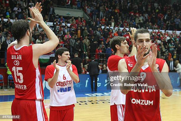 Luka Babic, #9 of Cedevita Zagreb celebrate after the game Turkish Airlines Euroleague Regular Season date 5 game between Cedevita Zagreb v Laboral...