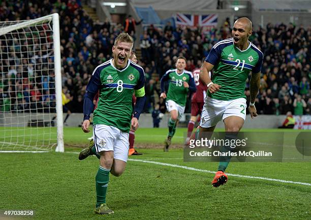 Steve Davis of Northern Ireland celebrates after scoring during the international football friendly match between Northern Ireland and Latvia at...