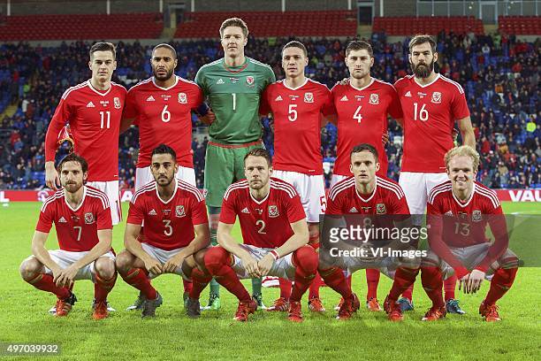 Tom Lawrence of Wales, Ashley Williams of Wales, goalkeeper Wayne Hennessey of Wales, James Chester of Wales, Ben Davies of Wales, Joe Ledley of...