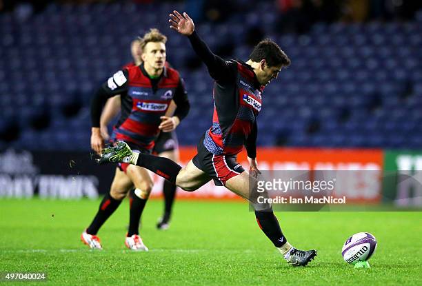 Sam Hidalgo-Clyne of Edinburgh Rugby kicks a penalty during the European Rugby Challenge Cup match between Edinburgh Rugby and Grenoble at...