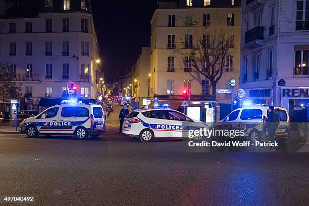 General view of police at the scene on Boulevard Beaumarchais following a shooting on November 13, 2015 in Paris, France. 26 people have reportedly...