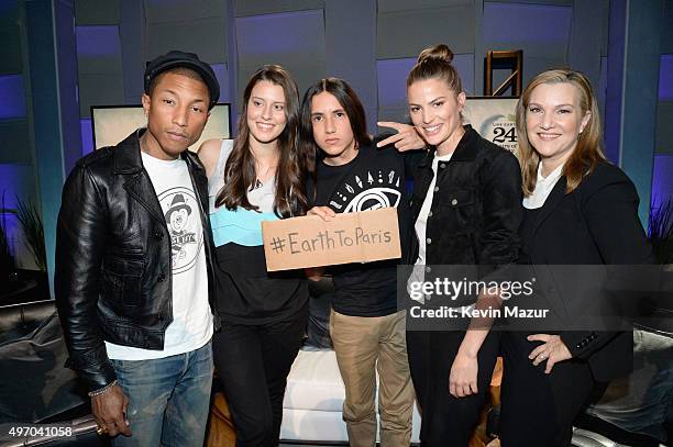 Singer-songwriter Pharrell Williams, Parrys Raines, Xiutezcatl Martinez, Cameron Russell and Vanity Fair West Coast editor Krista Smith attend "The...