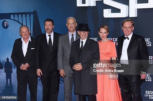 Burghart Klaussner, Sebastian Koch, Tom Hanks, Steven Spielberg, Amy Ryan and Mikhaul Gorevoy attend the 'Bridge of Spies - Der Unterhaendler' world...