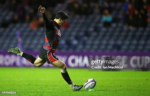 Sam Hidalgo-Clyne of Edinburgh Rugby kicks a penalty during the European Rugby Challenge Cup match between Edinburgh Rugby and Grenoble at...