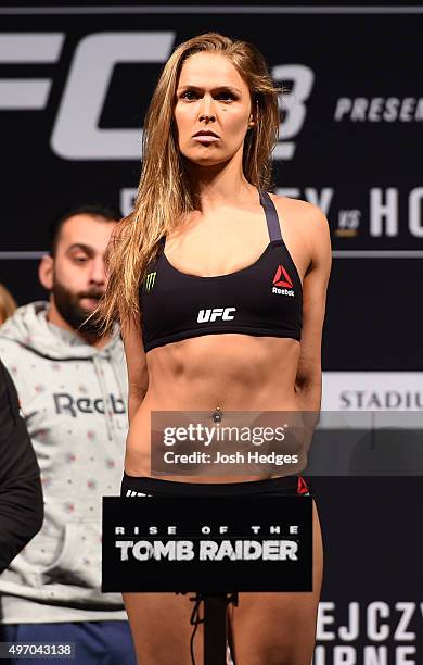 Women's bantamweight champion Ronda Rousey of the United States weighs in during the UFC 193 weigh-in at Etihad Stadium on November 14, 2015 in...