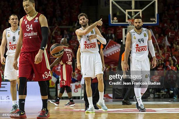 Rudy Fernandez, #5 of Real Madrid with Jonas Maciulis, #8 of Real Madrid and Jeffery Taylor, #44 of Real Madrid during the Turlish Airlines...