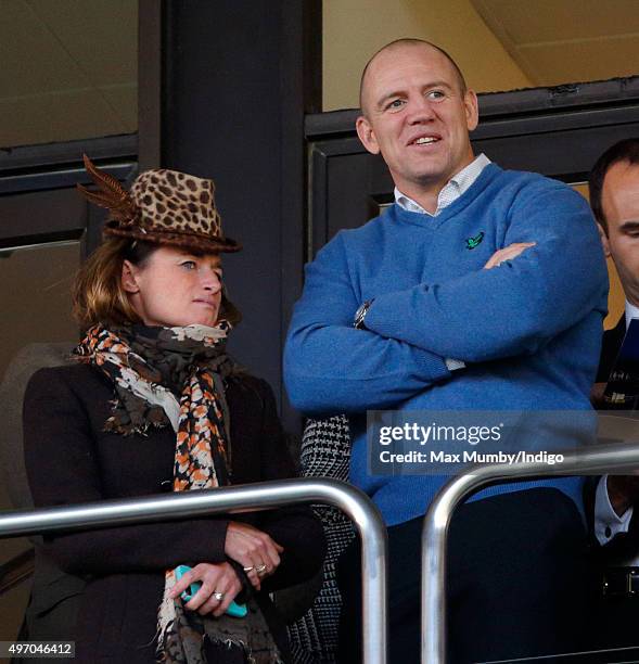 Dolly Maude and Mike Tindall watch the racing as they attend Countryside Day of The Open meeting at Cheltenham Racecourse on November 13, 2015 in...