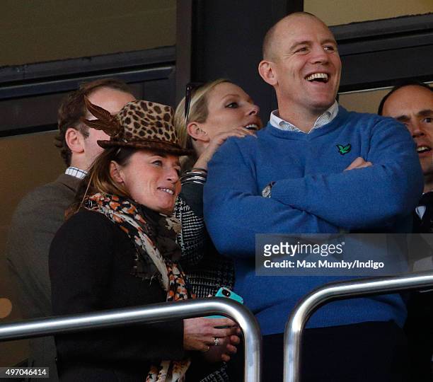 James Simpson-Daniel, Dolly Maude, Zara Phillips and Mike Tindall watch the racing as they attend Countryside Day of The Open meeting at Cheltenham...