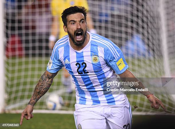 Ezequiel Lavezzi of Argentina, celebrates after scoring the opening goal during a match between Argentina and Brazil as part of FIFA 2018 World Cup...