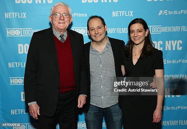 Phil Donahue, director Tom Donahue and Jill Schweitzer attend DOC NYC Premiere of "Thank You For Your Service" at SVA Theater on November 13, 2015 in...