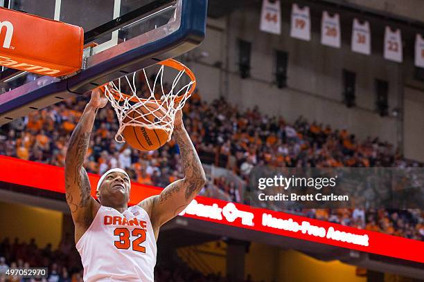 DaJuan Coleman of the Syracuse Orange dunks the ball during the second half against the Lehigh Mountain Hawks on November 13, 2015 at The Carrier...