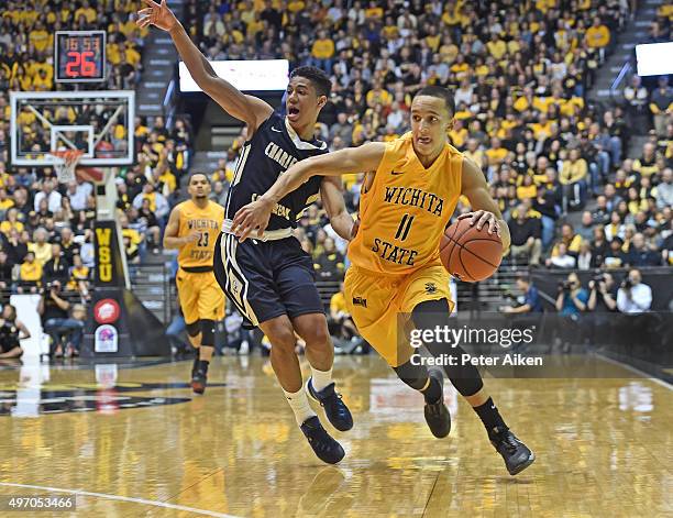 Guard Landry Shamet of the Wichita State Shockers dribbles the ball up court against the Charleston Southern Buccaneers during the first half on...