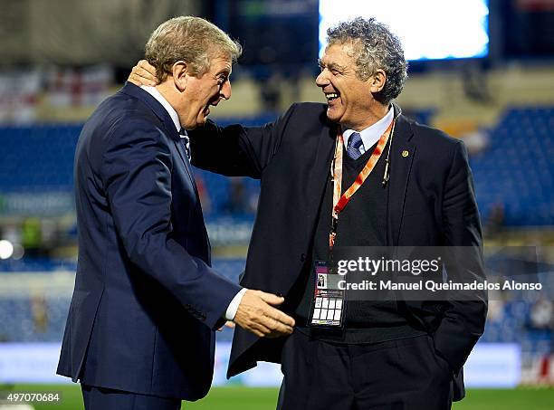 President of Spanish Football Association Angel Maria Villar greets to Roy Hodgson manager of England prior to the international friendly match...