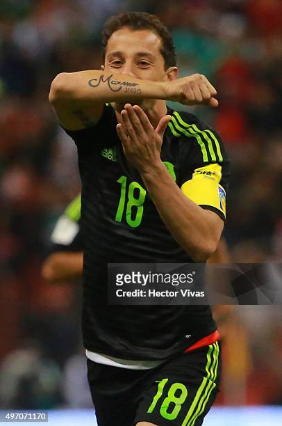 Andres Guardado of Mexico celebrates after scoring the first goal of his team during the match between Mexico and El Salvador as part of the 2018...